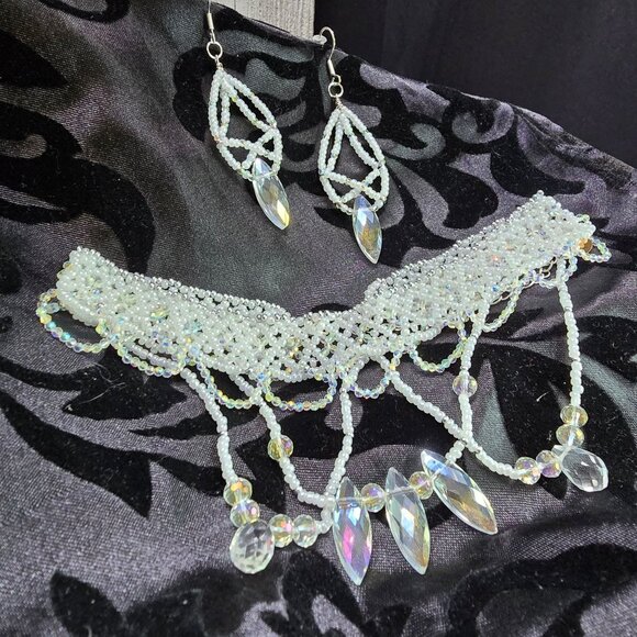 Handmade 925 Sterling Silver Crystal Inspired Glass Necklace Earring Set White - Picture 3 of 14